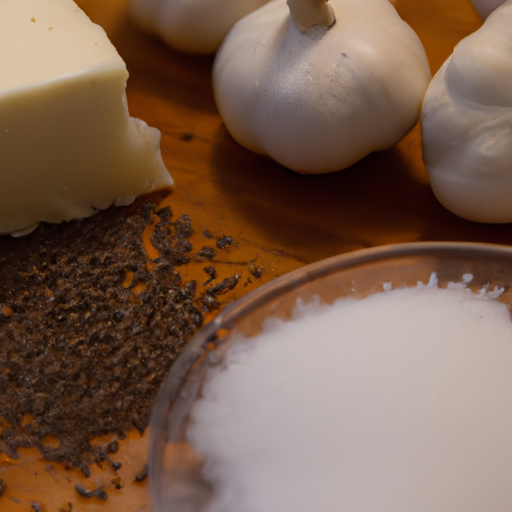 A close-up of the ingredients needed to make alfredo sauce: butter, heavy cream, Parmesan cheese, garlic, salt, and pepper.