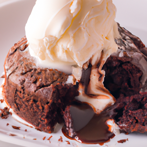 A decadent slice of gooey chocolate lava cake oozing with melted chocolate and topped with a scoop of vanilla ice cream.